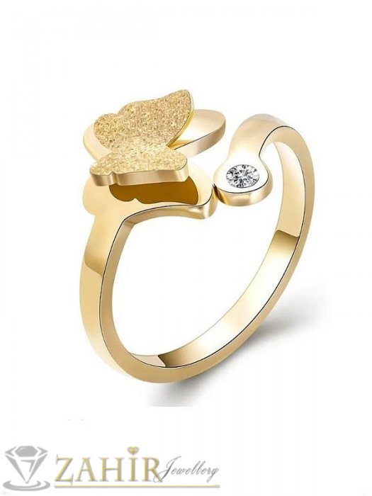 Дамски бижута - Мега як пръстен с триизмерна пеперуда и кристал , неръждаема стомана ,златно покритие - P1587